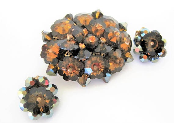 Margarita Rivoli Brooch Set, Amber Crystal Bead Highlights, Floral Rivoli Cluster Pin
