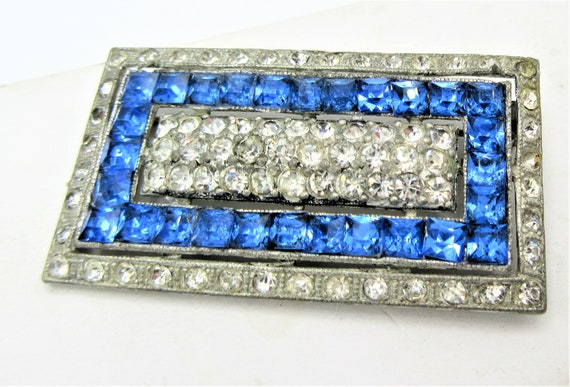 40s Art Deco Brooch, Blue And Clear Rhinestones, … - image 2