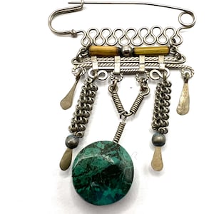 Vintage Art Deco Sterling Silver Brooch: Turquoise Southwestern Safety Pin