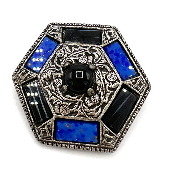 Black Blue Glass Brooch, Black Glass Cabochon Cen… - image 3