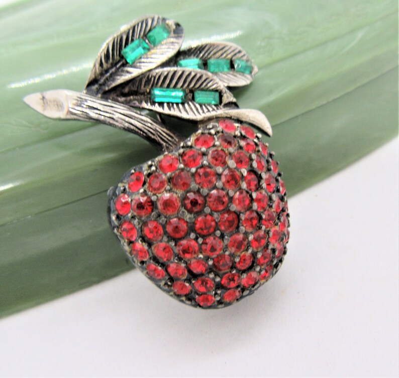 Green Baguette Leaves Red Apple Brooch Teacher Gift Vintage Fruit Pin Rhinestone Signed PELL