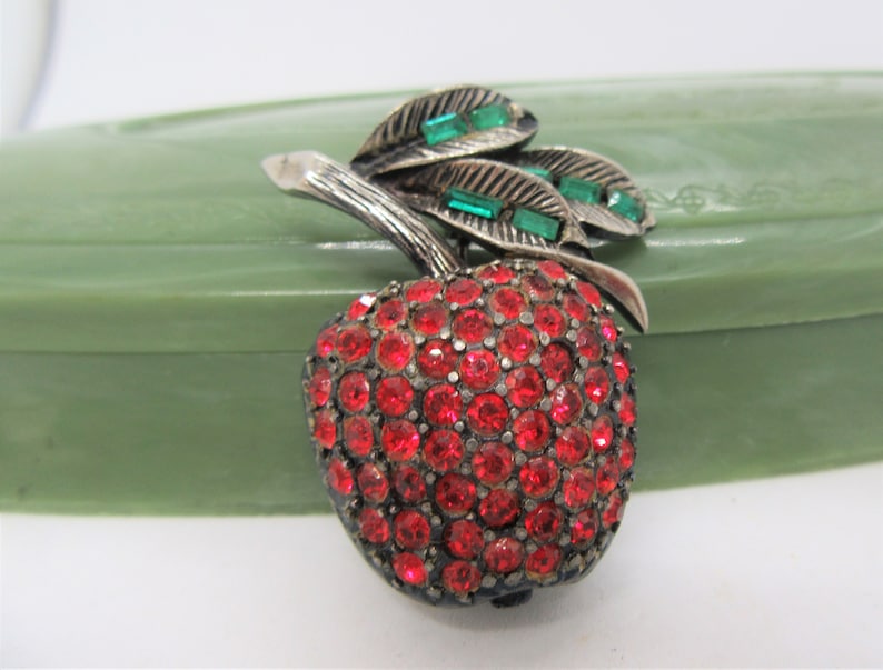 Green Baguette Leaves Red Apple Brooch Teacher Gift Vintage Fruit Pin Rhinestone Signed PELL