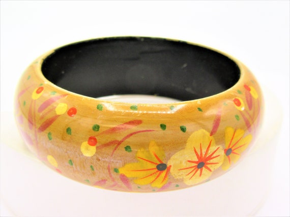 Wood Bangle, Flowers and Polka Dots, Wide Bracele… - image 4