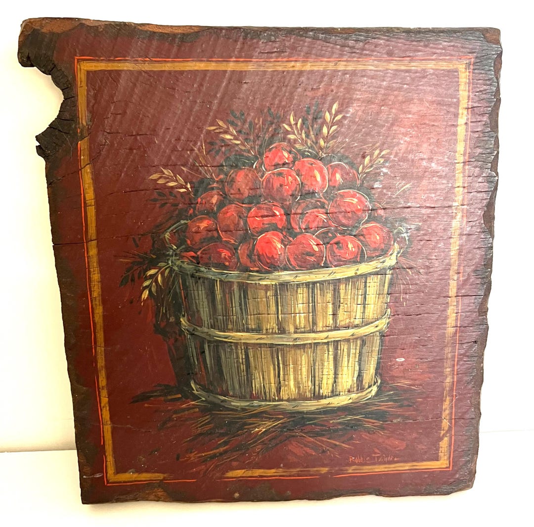 Vintage Folk Art Barnwood Painting, Hand Painted Bushel Basket of ...