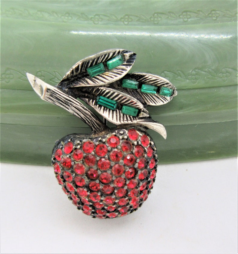 Green Baguette Leaves Red Apple Brooch Teacher Gift Vintage Fruit Pin Rhinestone Signed PELL