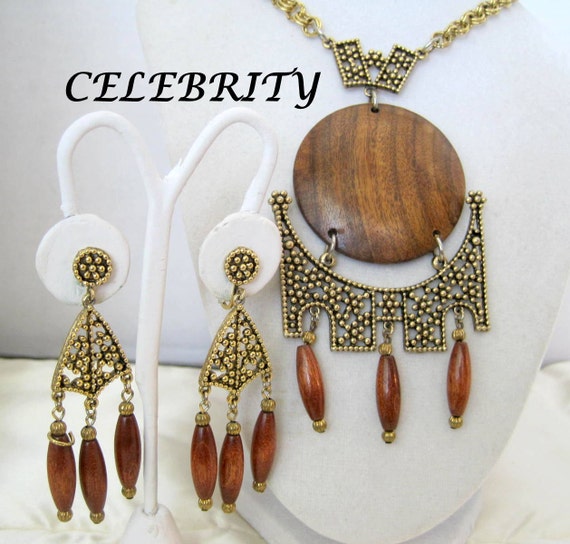 Long Necklace Earrings, Wood Pendant, Signed Celebrity, Boho Tassel Pendant