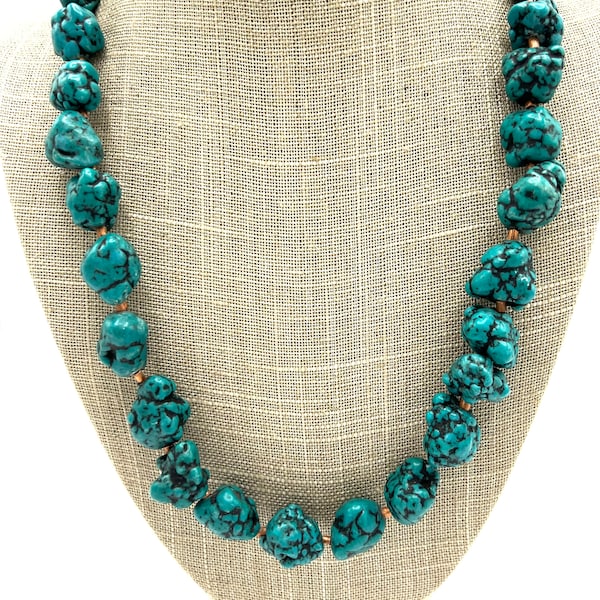 Turquoise Color Necklace, Howlite Nuggets, Copper Spacers  and Toggle Clasp, 24 Inch Boho Necklace