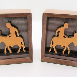 Vintage Carved Wooden Bookends, Burro and Cart Design