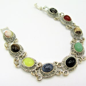 Gemstone Tennis Bracelet,  Multicolor Stones, Rainbow Colors,  Silver Tone Bezel Set