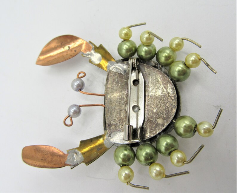 Mixed Metal Artisan Made Vintage Crab Brooch Faux Pearls Vintage Detailed Figural