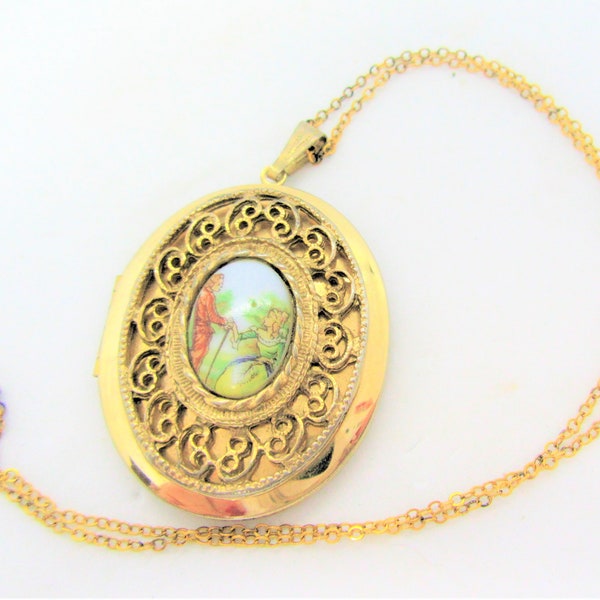 Gold Tone Locket, Porcelain Center of Courting Couple, Victorian Revival, Photo Locket,Filigree Surround, Gold Filled Chain