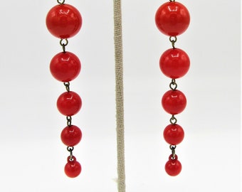 Red Plastic Bead Earrings, Long Dangle Style, 3 1/2 Inch Pierced Earrings