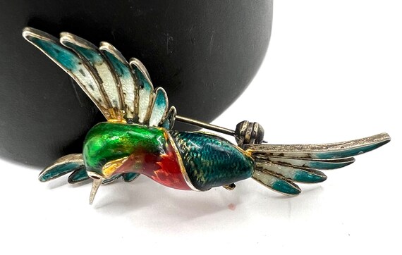 Vintage Vermeil Hummingbird Brooch, Enamel 800 79… - image 6