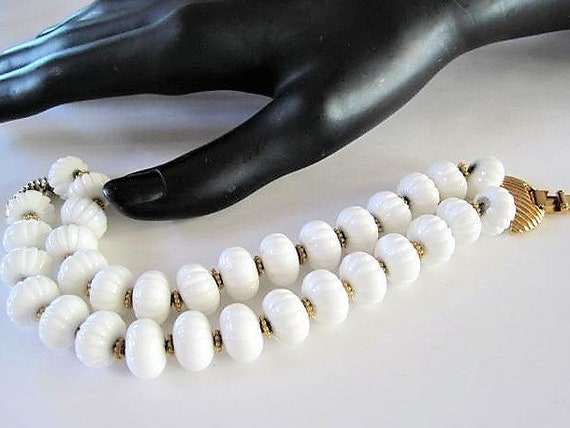 Monet White Bead Bracelet, Vintage Signed Monet, Lucite Beads, 2 Strands, Strung on Fine Gold Chain
