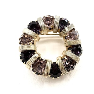Vintage Amethyst Rhinestone Circle Brooch: AB Purple Crystal Pin