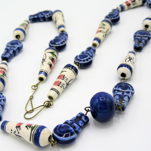 Blue And White Ceramic Necklace, Hand Painted Beads, Blue Stone Beads, 28 Inches Long