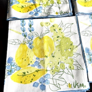 Vintage Vera Neumann Napkins: Yellow & Blue Floral Fruit, Set of 4