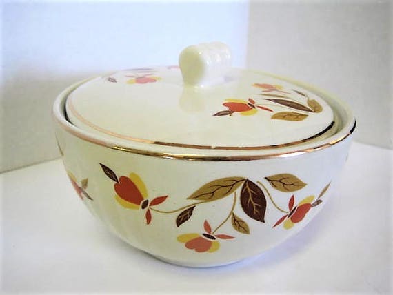 Hall Jewel Tea Lidded Bowl, Autumn Leaf Small Bowl with Lid, 2 3/4 Inches Tall, Mid Century, Collectible Pattern