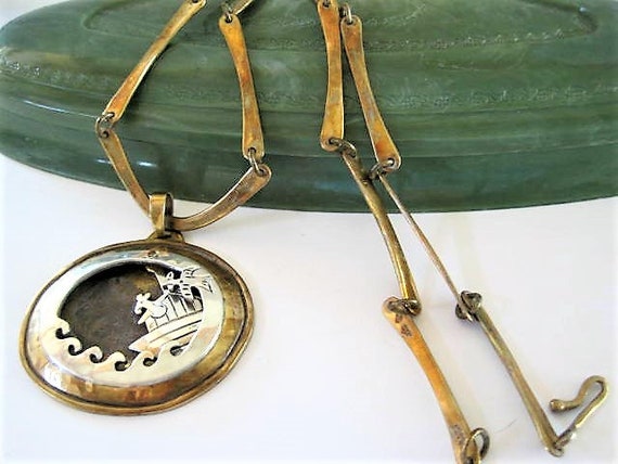 Mixed Metal Necklace, Sterling and Brass, Signed Jeep Collins, Noahs Ark Pendant