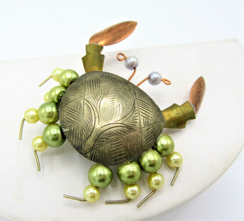 Mixed Metal Artisan Made Vintage Crab Brooch Faux Pearls Vintage Detailed Figural