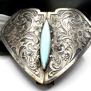 Vintage Silverplate Napkin Clip: Aqua Glass Heart Pendant