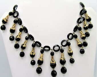 Black Glass Fringe Necklace, Art Deco Choker, 15 Inch Faceted Glass Beads, Gold Tone Spacers, 40’s Style