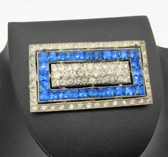 40s Art Deco Brooch, Blue And Clear Rhinestones, … - image 1