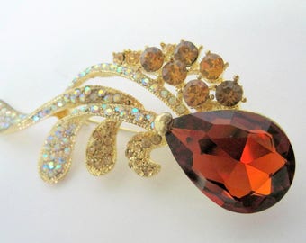 Topaz Flower Pin, Large Glass Cabochon, Rhinestone Brooch,  Aurora Borealis Leaves and Stems,  3 1/2 Inch Gold Tone Setting