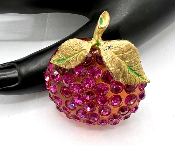 Forbidden Fruit Brooch, Purple Lucite, Pink Rhine… - image 3