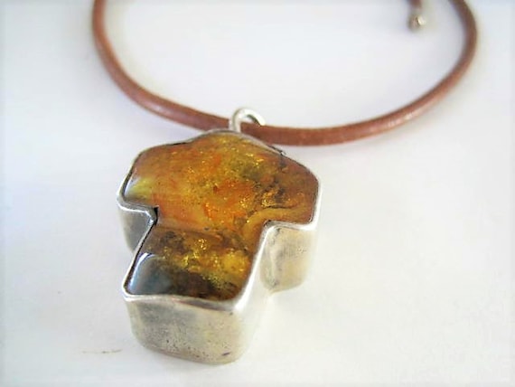 Amber Cross Necklace, Leather Choker, Sterling Cross, Amber Set in Sterling, Collectible Amber, Mid Century Necklace