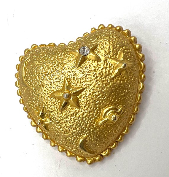 Heart Brooch, Celestial Pattern, Clear Rhinestone… - image 4