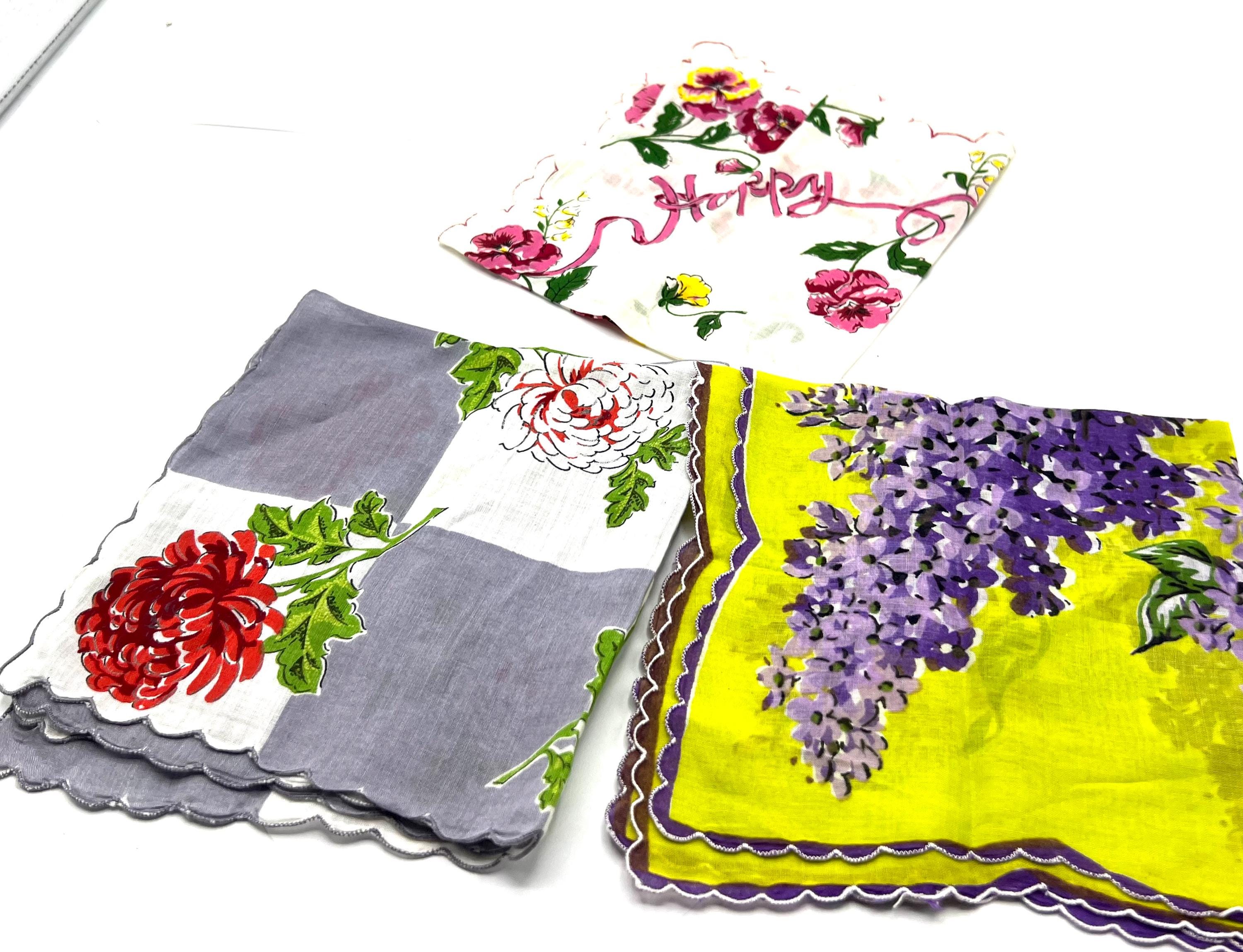 Vintage Colorful Hankies, Set of 3, Roses, Happy Birthday, Lilacs, 3 Vintage 14 Inch Square Handkerchiefs