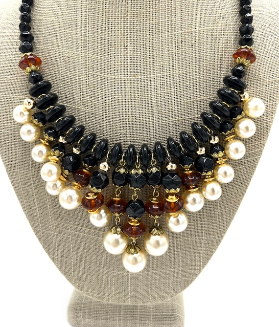 Art Glass Bead Necklace, Dangling Black Faceted Be