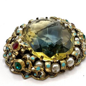 Vintage Art Glass Cabochon Brooch: Faux Pearl Rhinestone Filigree Pin