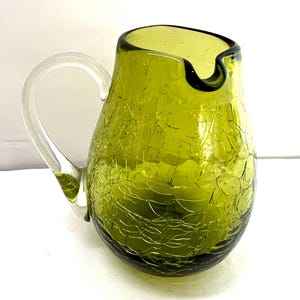 Vintage Blenko Pilgrim Glass Green Crackle Hand Blown Glass Pitcher or Vase