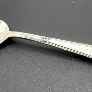 May include: A silver spoon with an oval bowl and a long handle. The handle has decorative detailing near the bowl and engraved text near the end. The spoon is set against a dark background.