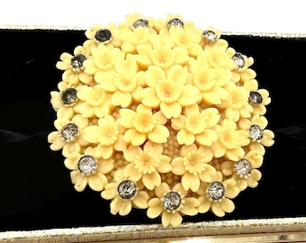 Art Deco Celluloid Flower Dress Clip: Vintage Rhinestone Brooch