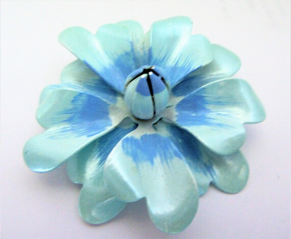 Blue Enamel Flower Brooch,  3D Floral Pin, Two To… - image 3