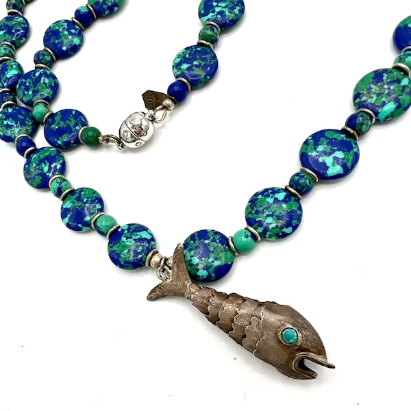 Articulated Fish Pendant Necklace,  Azurite Beads with Sterling, 925 Taxco Mexico,  23 Inch Azurite, Signed Vintage Gift for Woman