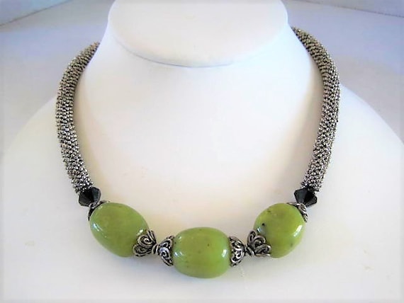 Green Agate Bead Necklace, Silver Tone Choker, Genuine Stone Beads