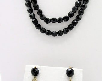 Black Glass Crystal 2 Strands, Lever Pierced Earrings,  Faceted black Beads, Hematite Clasp,  Vintage Crystals