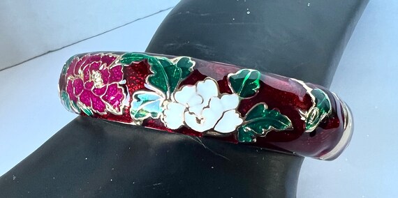 Vintage Enamel Bracelet, Garnet Red, White and Pi… - image 5