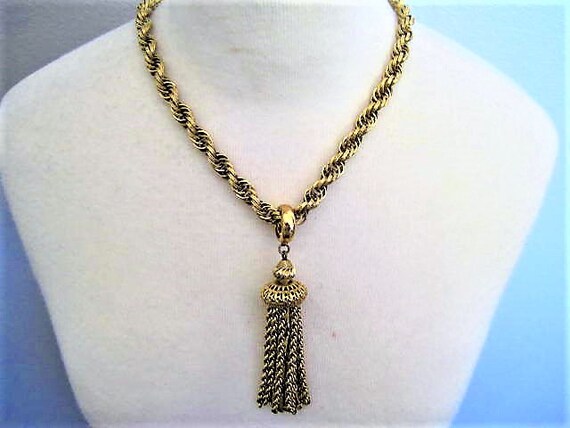 Monet Damita Necklace, Gold Tone Tassels, Domed Shape Pendant, Vintage Monet, Book Piece