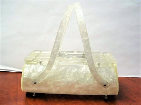 Vintage Rialto Purse, White Lucite, Clear Etched Top, Party Purse, 50s Purse