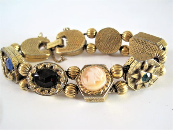 Goldette NY Slide Bracelet, Victorian Revival, Vintage Charms, Gold Tone Bracelet
