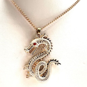 Vintage Gold Tone Dragon Pendant, Red Rhinestone Eye, Gold Plated Metal, 2 1/4 Inch Tall with Bail and Chain