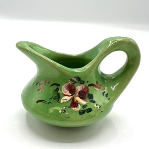 Vintage Miniature Green Pottery Pitcher: Hand-Painted Burgundy Flowers