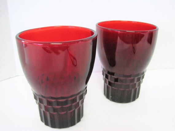 Red Depression Glass, Set of 2 Juice Glasses, Windsor Pattern by Anchor Hocking