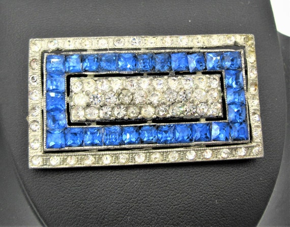 40s Art Deco Brooch, Blue And Clear Rhinestones, … - image 6