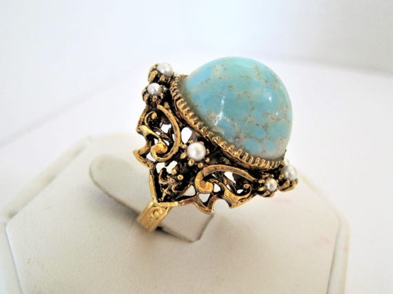 Turquoise Cocktail Ring, Lucite Cabachon, Large Stone, Expandable Size 7